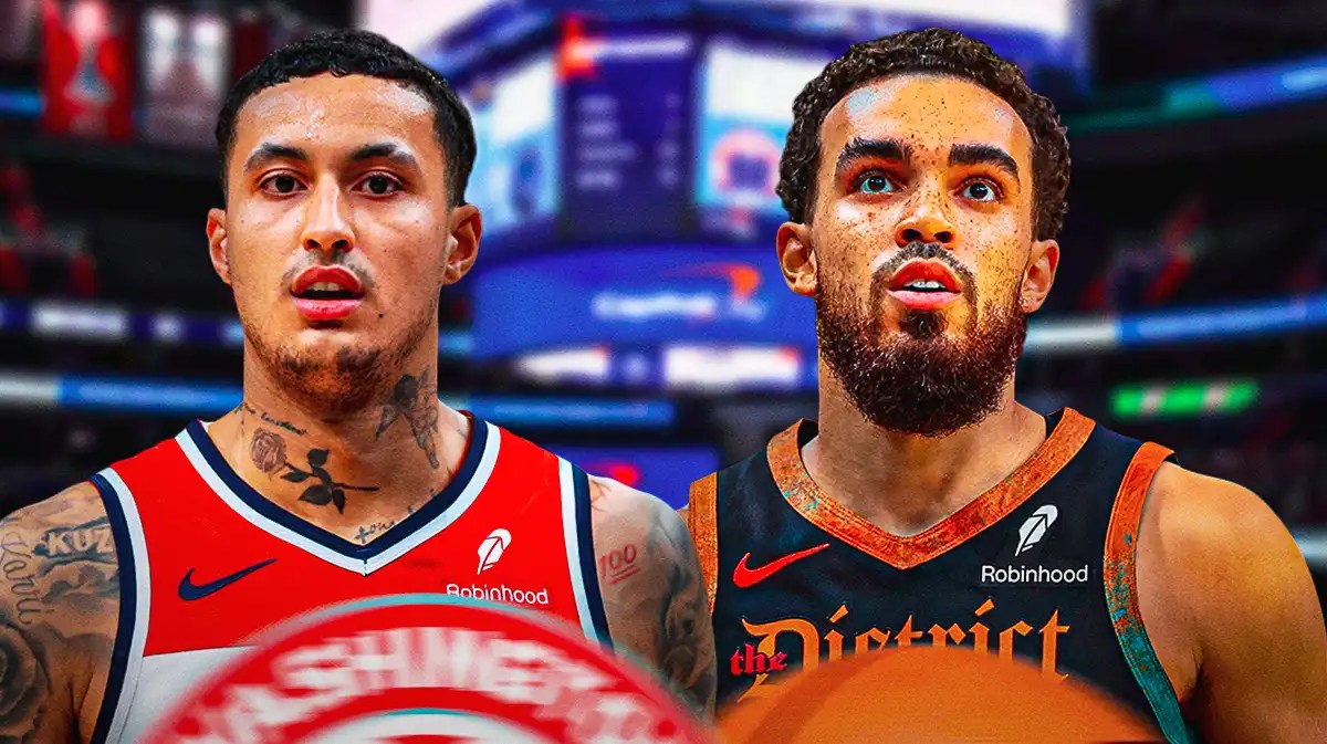 Wizards, Kyle Kuzma, Tyus Jones, NBA trade deadline, Wizards trade deadline, Kyle Kuzma and Tyus Jones in Wizards uni with Wizards arena in the background