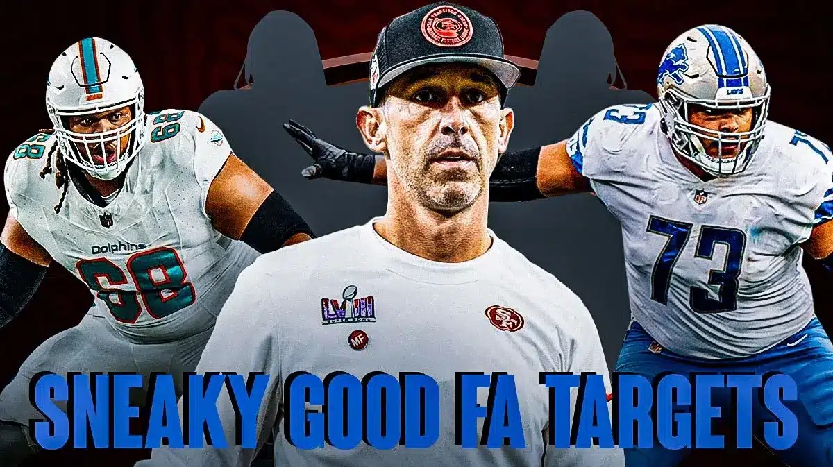 Coach Kyle Shanahan in the middle, Robert Hunt, Jonah Jackson, and 2 mystery players around him, and San Francisco 49ers wallpaper in the background.