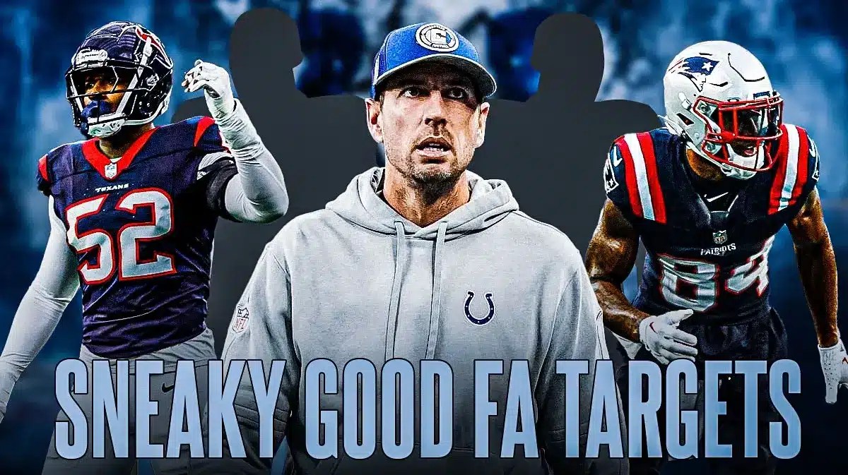 Coach Shane Steichen in the middle, Kendrick Bourne, Jonathan Greenard, and 2 mystery players around him, and Indianapolis Colts wallpaper in the background.