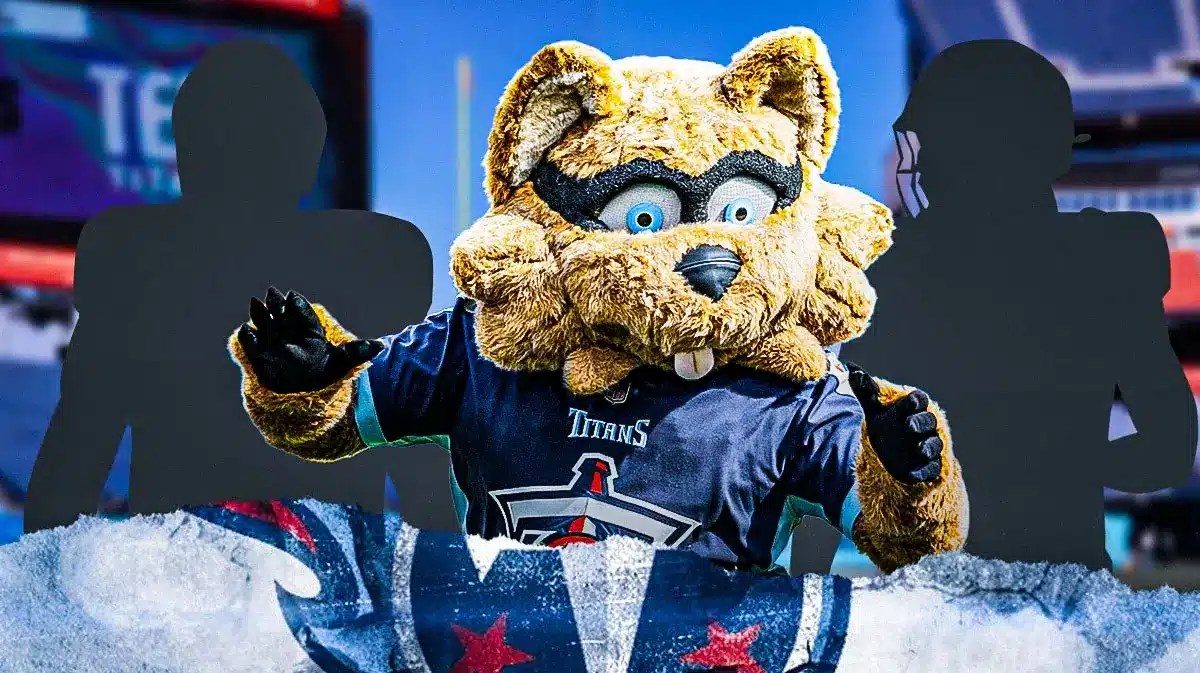 Titans mascot with silhouettes of ACTION SHOTS of Ja'Lynn Polk (Washington Huskies) and Kingsley Suamataia (BYU)