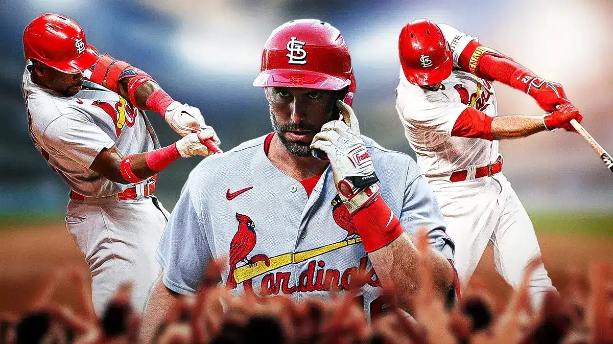 Cardinals Paul Goldschmidt in front looking serious. In background on left, Cardinals Jordan Walker swinging a baseball bat. In background on right, Cardinals Nolan Arenado swinging a baseball bat.