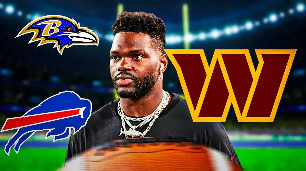 Shaq Barrett with Bills, Ravens, and Commanders logos around him