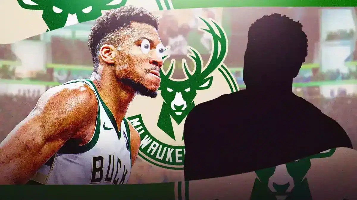 Giannis Antetokounmpo with emojis eyes standing next to a Bucks logo looking at a mystery NBA player at Fisvery Forum
