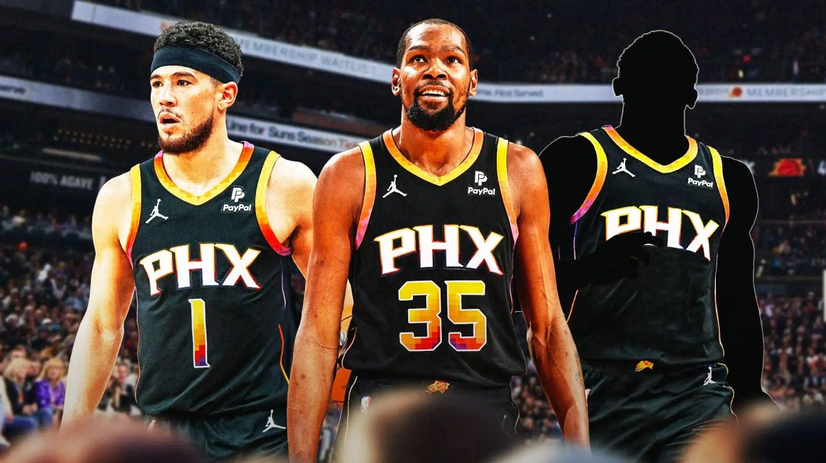 Kevin Durant, Devin Booker and a shadowy player in a Suns jersey with the Suns arena in the background, Danilo Gallinari, Marcus Morris