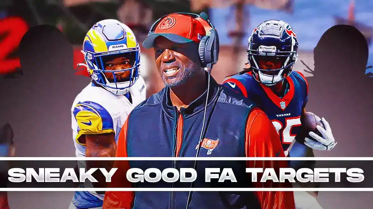Coach Todd Bowles in the middle, Noah Brown, Cam Akers, and 2 mystery players around him, and Tampa Bay Buccaneers wallpaper in the background.
