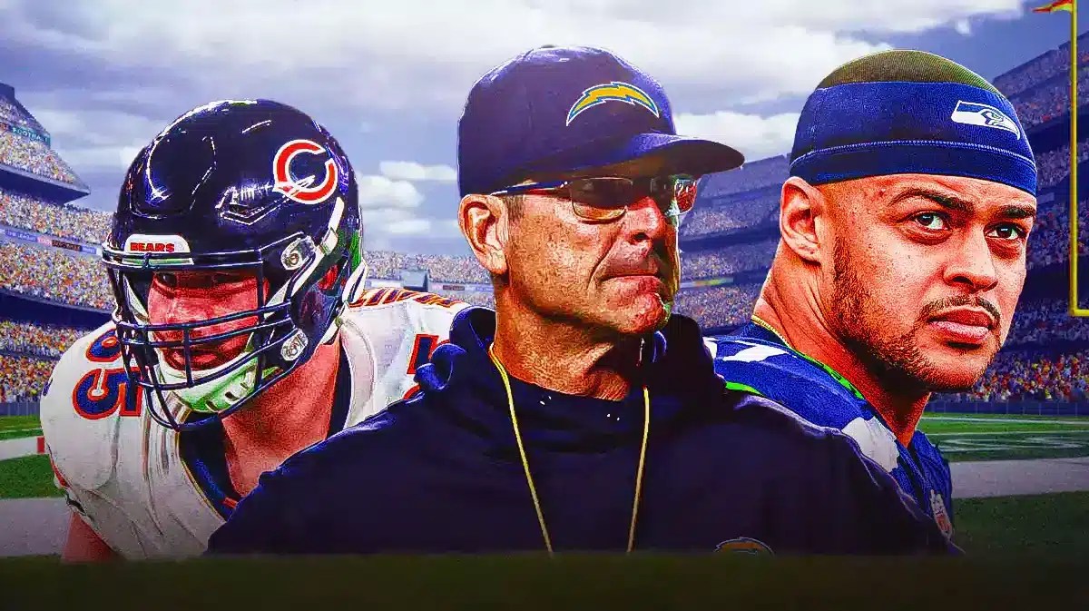 Chargers' Jim Harbaugh with Cody Whitehair and Noah Fant