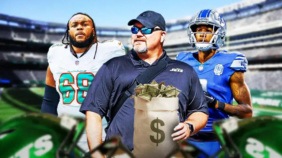 Joe Douglas holding bag with some cash flowing out of it looking at Josh Reynolds and Robert Hunt.