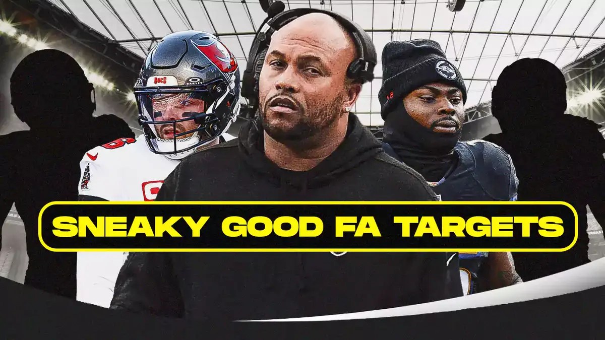 Coach Antonio Pierce in the middle, Baker Mayfield, Gus Edwards, and 2 mystery players around him, and Las Vegas Raiders wallpaper in the background.