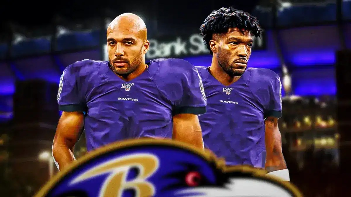 Leonard Floyd and Austin Ekeler in Ravens uniforms.