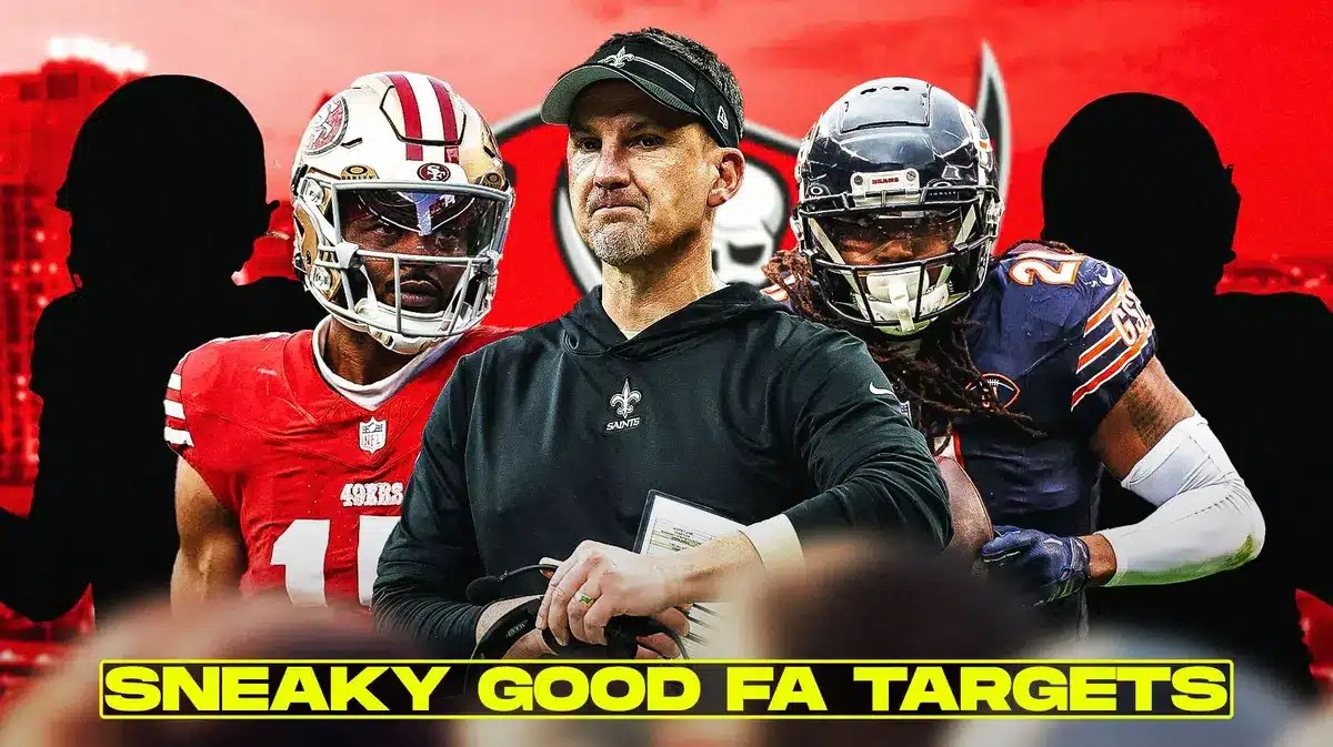 Coach Dennis Allen in the middle, Jauan Jennings, D'Onta Foreman, and 2 mystery players around him, and New Orleans Saints wallpaper in the background.