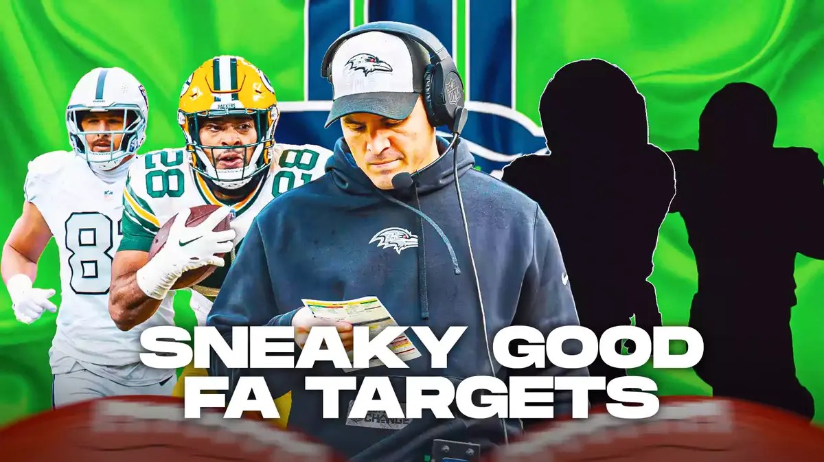 Coach Mike Macdonald in the middle, Austin Hooper, AJ Dillon, and 2 mystery players around him, and Seattle Seahawks wallpaper in the background.