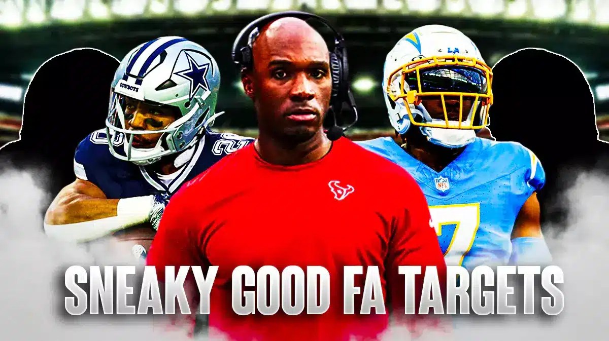 Coach DeMeco Ryans in the middle, Tony Pollard, Gerald Everett, and 2 mystery players around him, and Houston Texans wallpaper in the background.