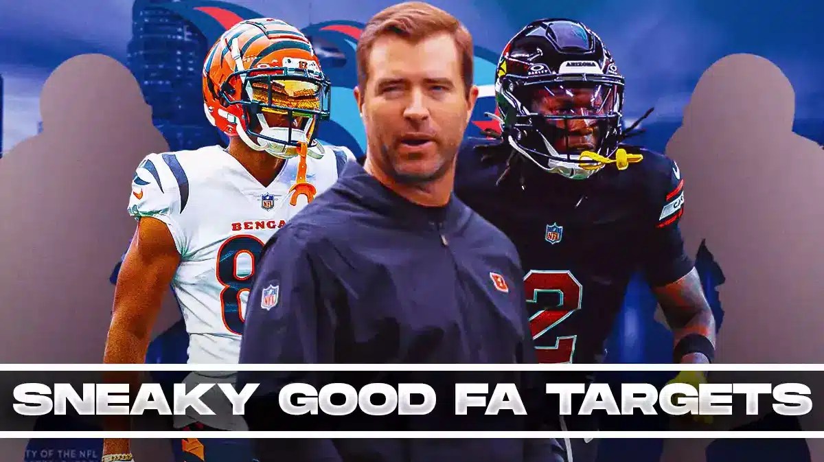 Coach Brian Callahan in the middle, Marquise Brown, Tyler Boyd, and 2 mystery players around him, and Tennessee Titans wallpaper in the background.