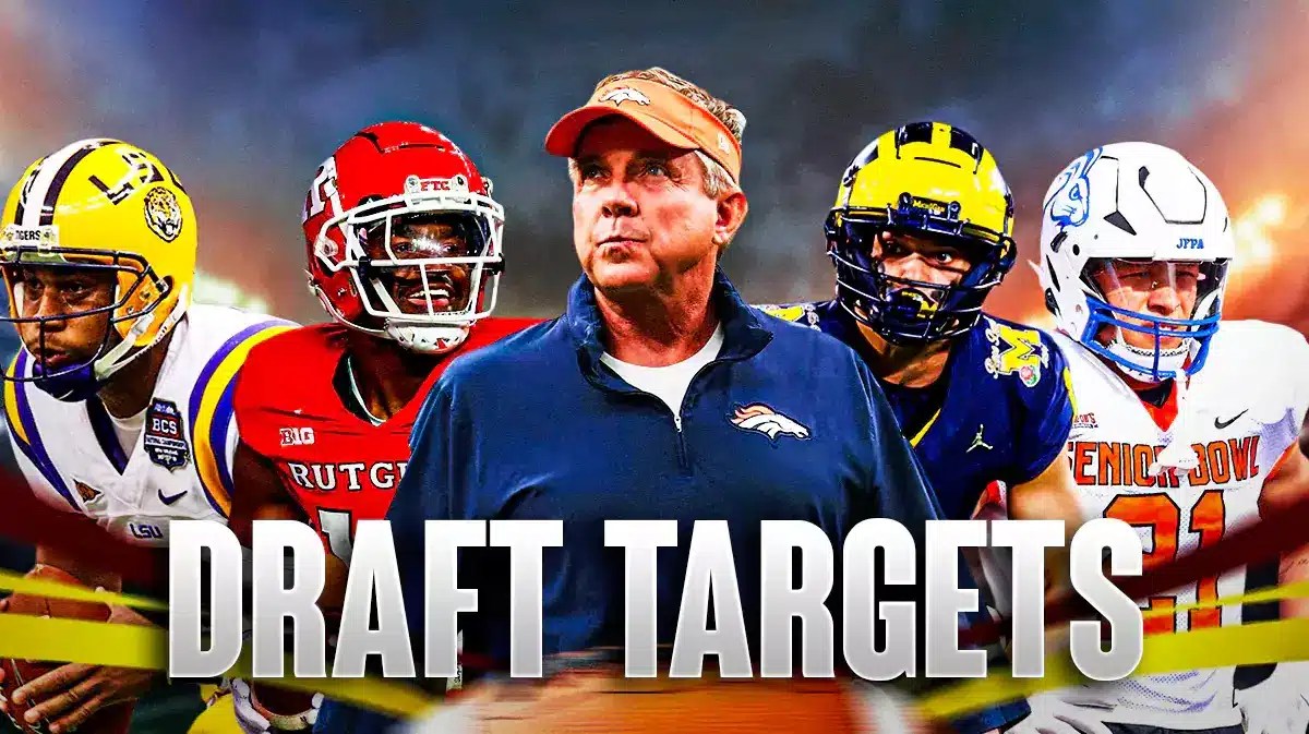 Coach Sean Payton in the middle, Roman Wilson, Max Melton, Jordan Jefferson, Isaiah Davis around him, and Denver Broncos wallpaper in the background.