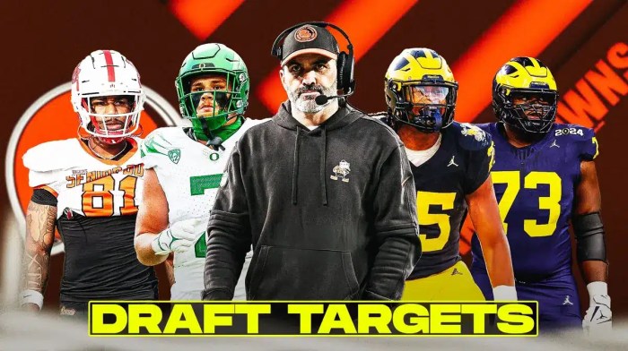 Coach Kevin Stefanski in the middle, Brandon Dorlus, Junior Colson, Malachi Corley, Ladarius Henderson around him, and Cleveland Browns wallpaper in the background.