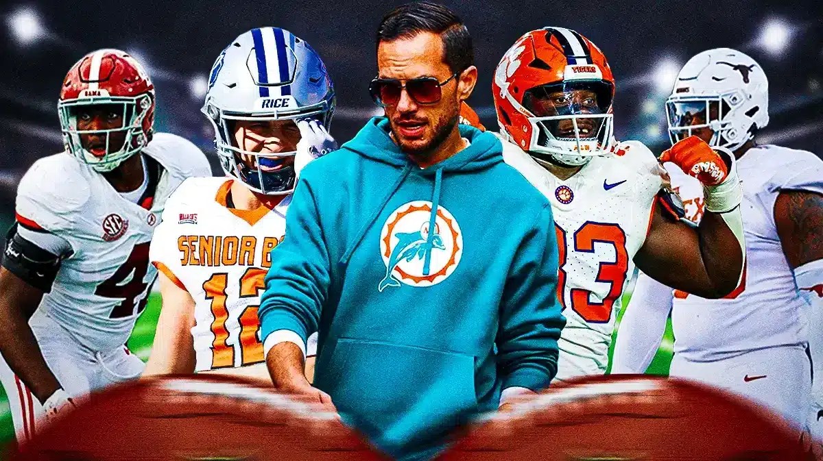 Coach Mike McDaniel in the middle, Chris Braswell, Byron Murphy II, Ruke Orhorhoro, Luke McCaffrey around him, and Miami Dolphins wallpaper in the background.