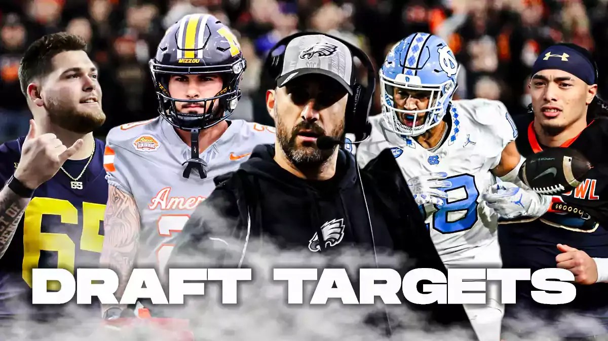 Coach Nick Sirianni in the middle, Marist Liufau, Zak Zinter, Cody Schrader, Bryson Nesbit around him, and Philadelphia Eagles wallpaper in the background.