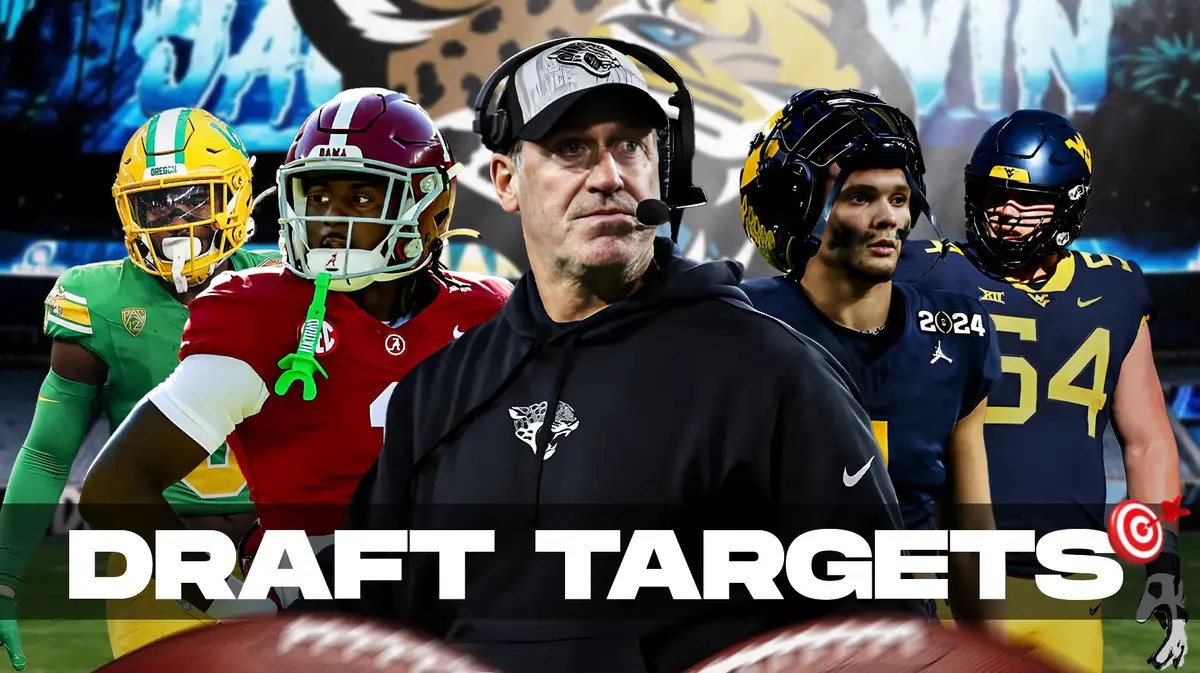 Coach Doug Pederson in the middle, Kool-Aid McKinstry, Bucky Irving, Roman Wilson, Zach Frazier around him, and Jacksonville Jaguars wallpaper in the background.