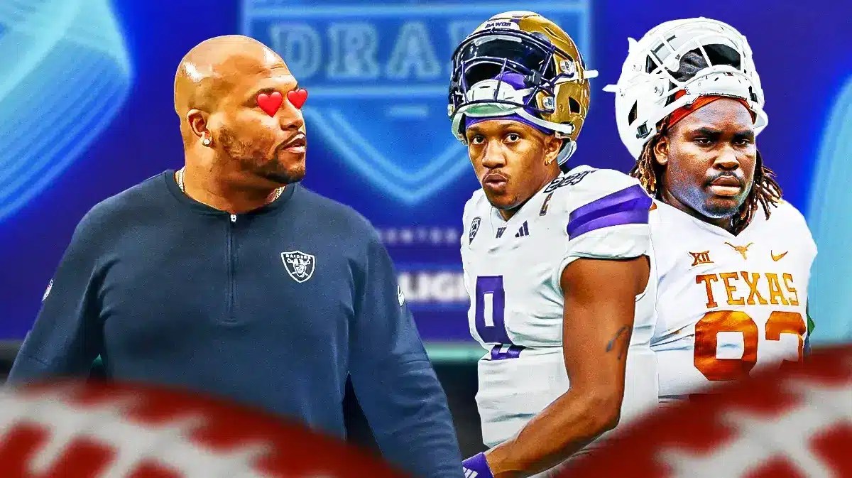 Raiders coach Antonio Pierce with heart emoji eyes looking at Michael Penix Jr. and T’Vondre Sweat with NFL draft background.