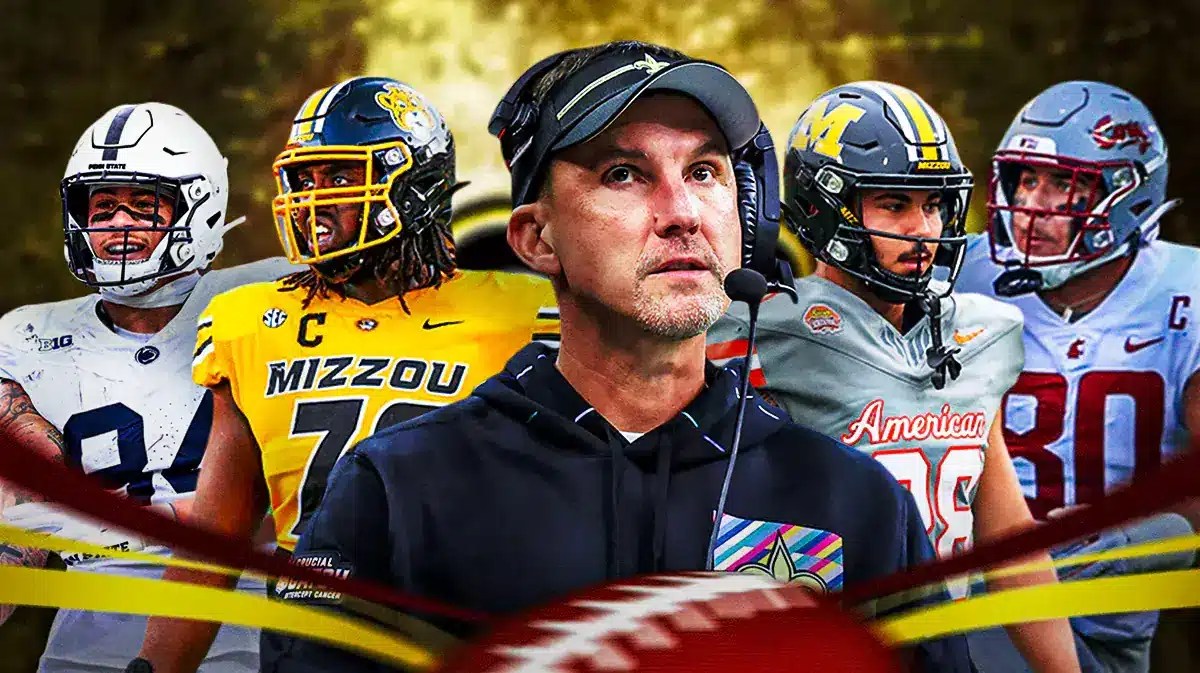 Coach Dennis Allen in the middle, Javon Foster, Theo Johnson, Cody Schrader, Brennan Jackson around him, and New Orleans Saints wallpaper in the background.