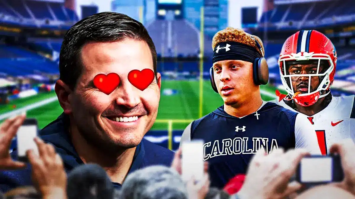 Mike Macdonald in Seahawks gear and heart emoji eyes looking at Spencer Rattler (South Carolina) and Jer’Zhan Newton (Illinois) with NFL Draft background