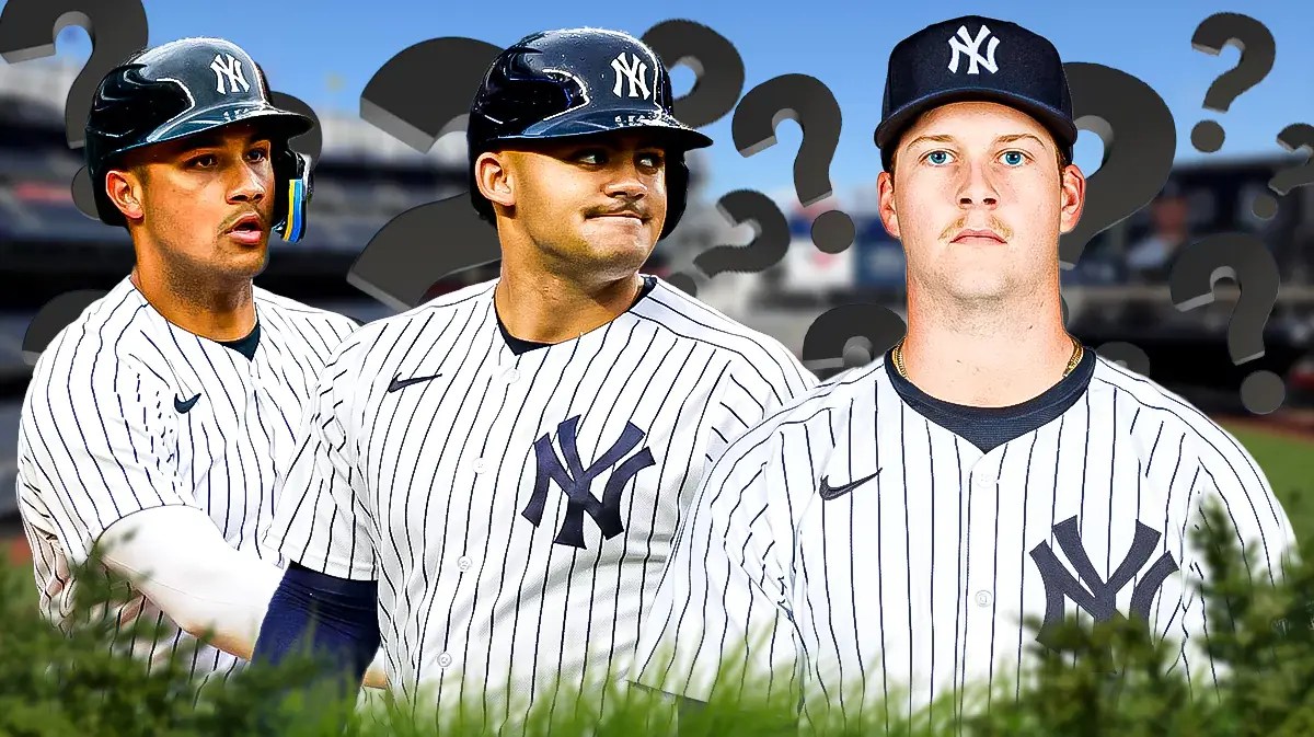 Yankees' Jasson Dominguez, Yankees' Everson Pereira, and Yankees' Chase Hampton all in image. Question marks everywhere. Yankee Stadium background.