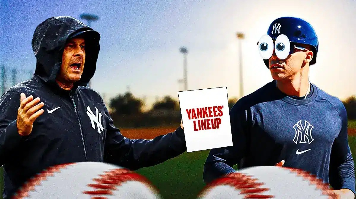 Yankees' Juan Soto with eyes popping out looking at Yankees' Aaron Boone. Have Boone holding a piece of paper. On the paper write the following: YANKEES' LINEUP