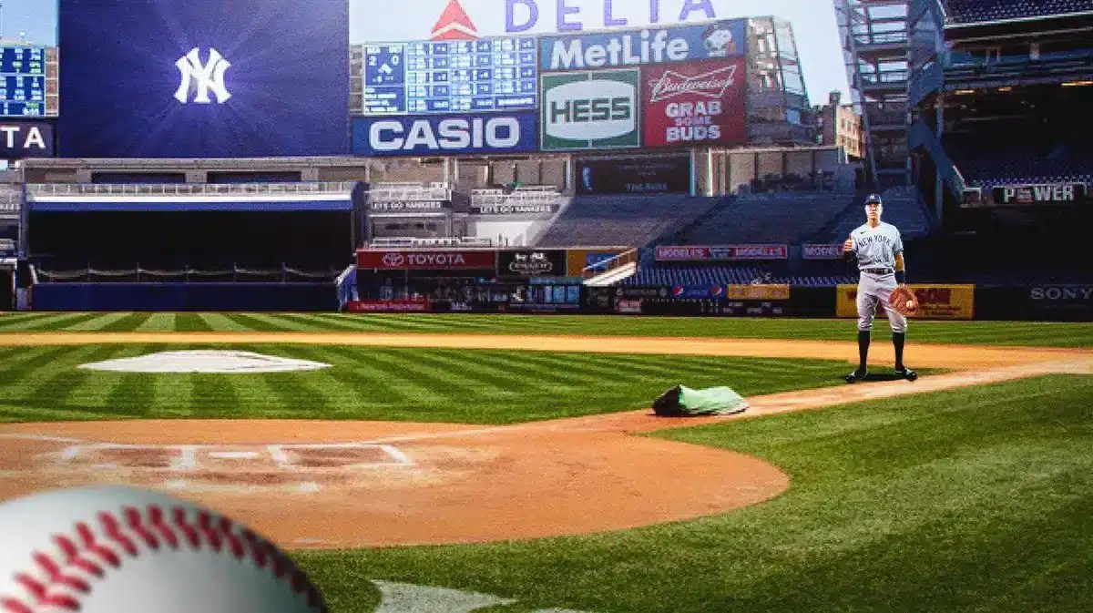 Yankees' Aaron Judge wearing a hat (NOT a helmet) and wearing a baseball glove on his hand. However, have him standing near first base (in the infield).