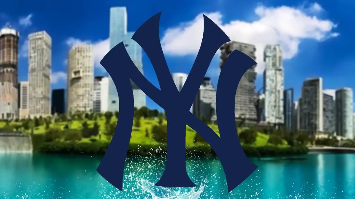 Yankees logo with Mexico City in the background