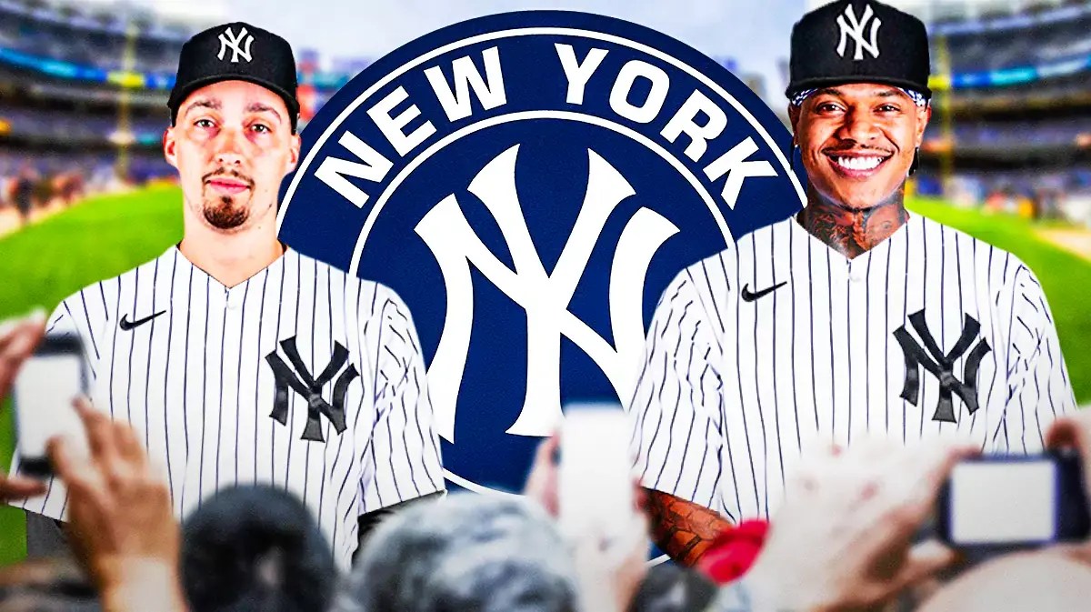 Blake Snell in a Yankees jersey next to Yankees Marcus Stroman and a Yankees logo