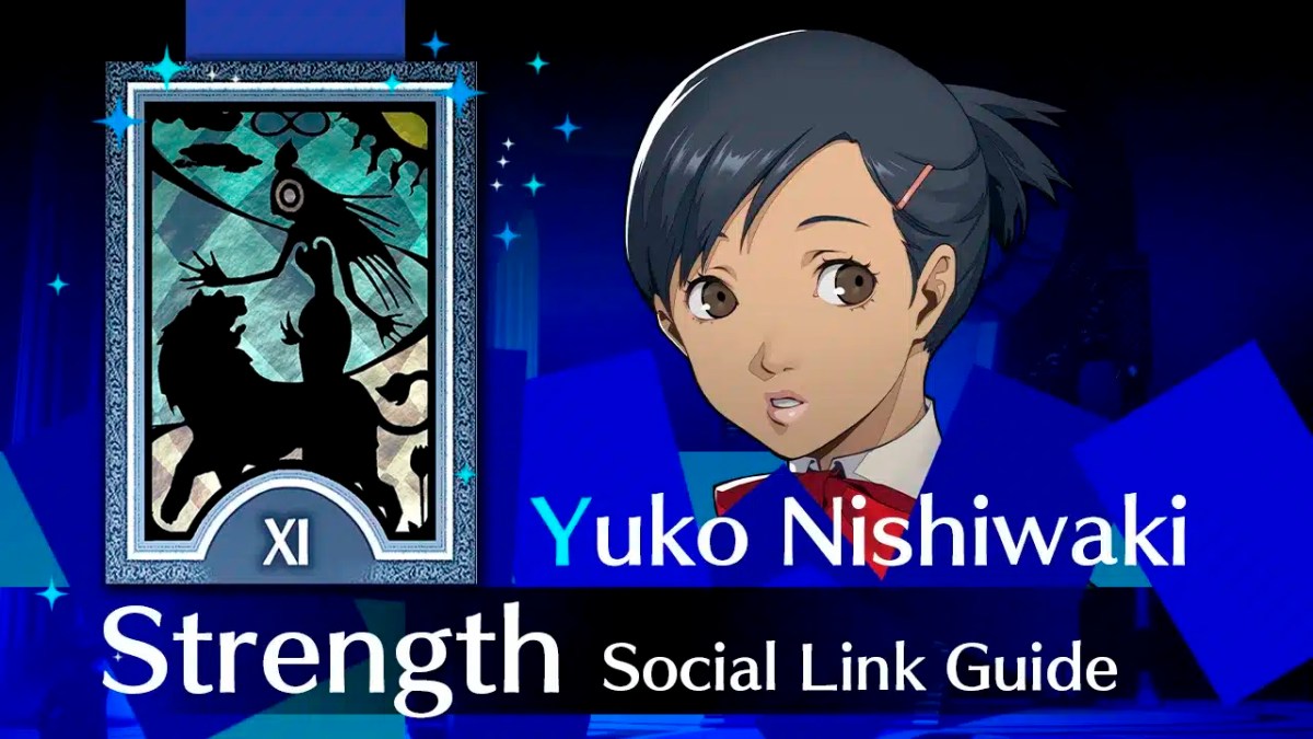 yuko nishiwaki reload, yuko nishiwaki, yuko social link, yuko persona 3 reload, yuko romance, a picture of yuko nishiwaki with her arcana to the left and the words Strength social link guide below