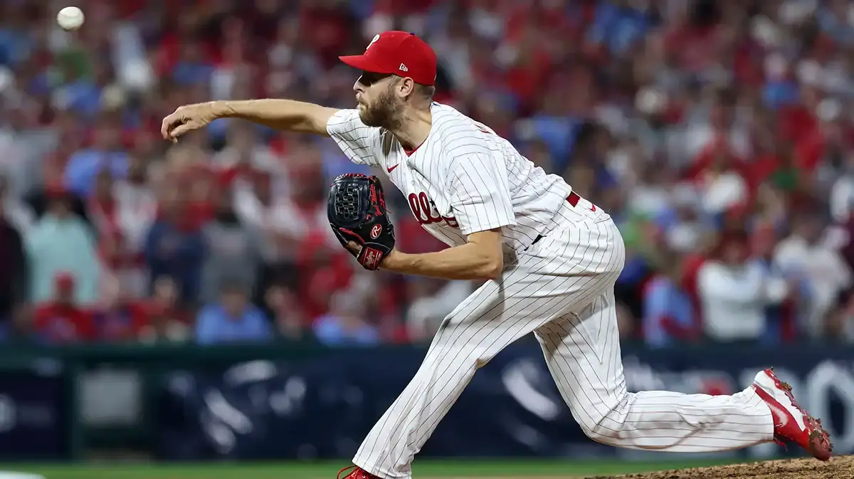 Philadelphia Phillies starting pitcher Zack Wheeler (45) throws a pitch against the Arizona Diamondbacks in the seventh inning for game seven of the NLCS for the 2023 MLB playoffs at Citizens Bank Park. 