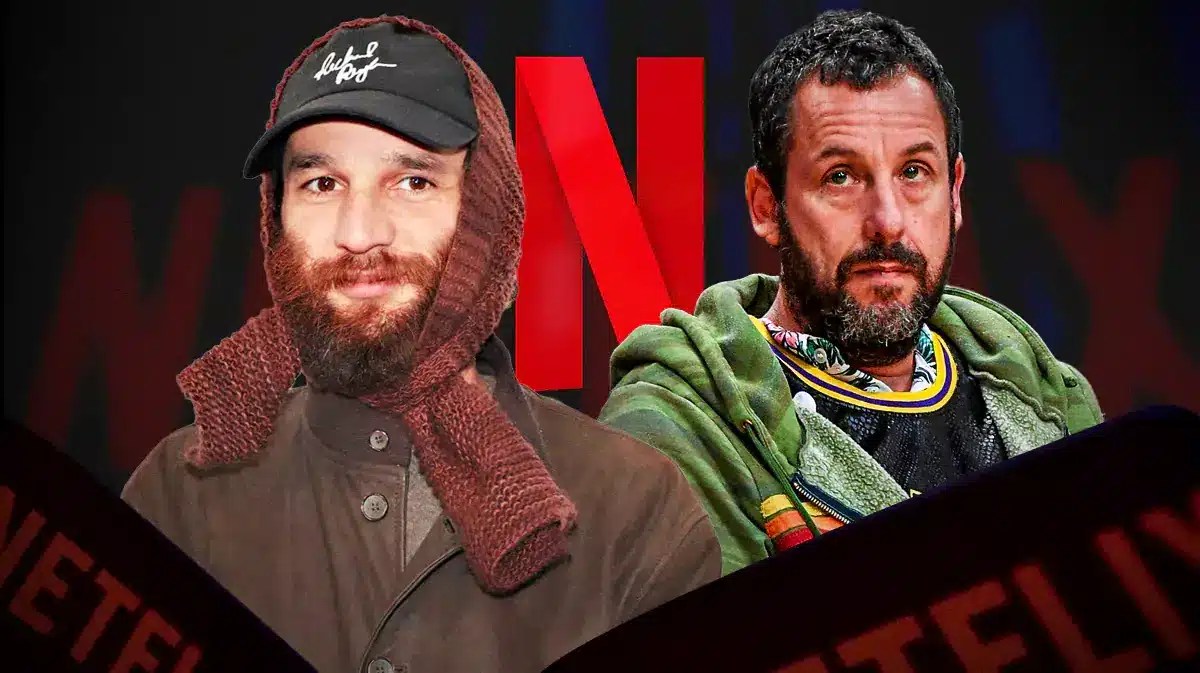 Adam Sandler and Josh Safdie with a Netflix logo.