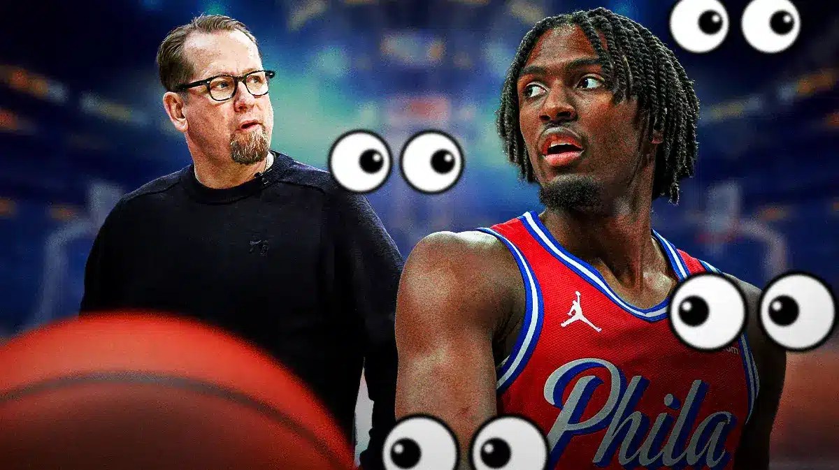 Tyrese Maxey with eyeball emojis around him. Nick Nurse