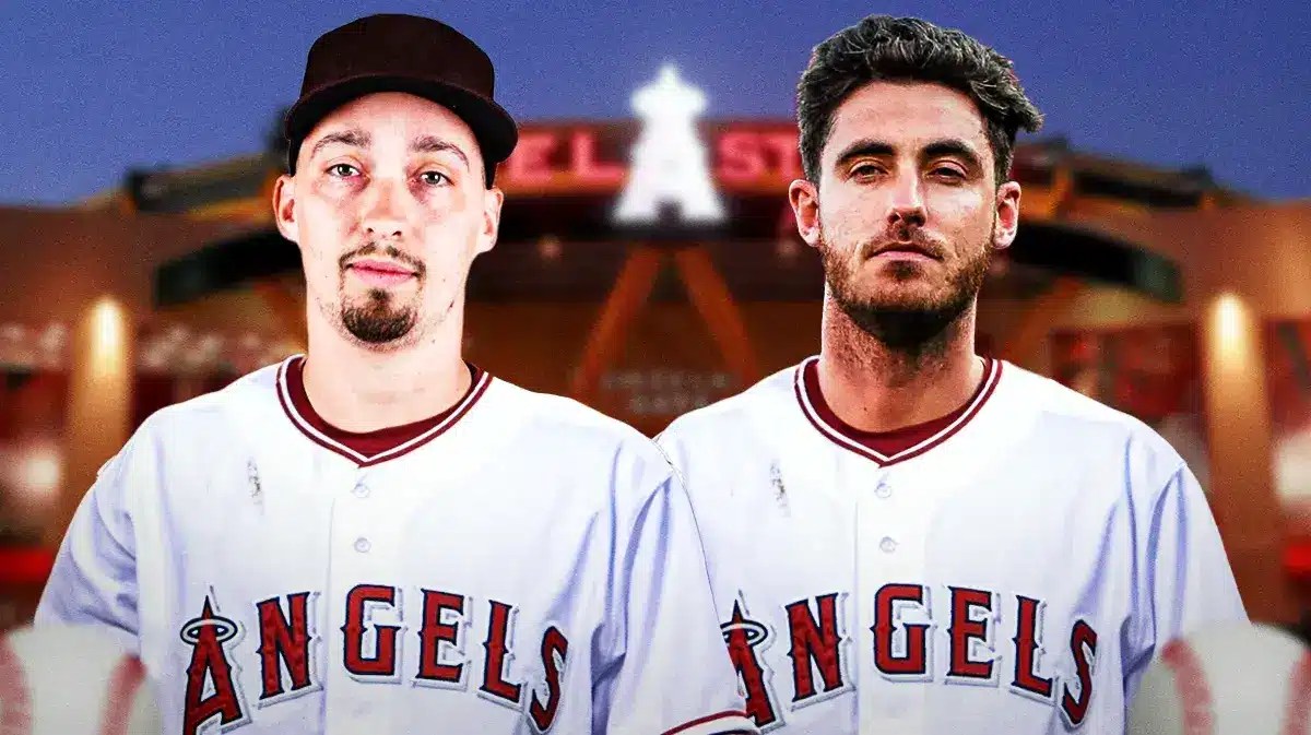 Blake Snell and Cody Bellinger wearing Angels jerseys at Angel Stadium of Anaheim