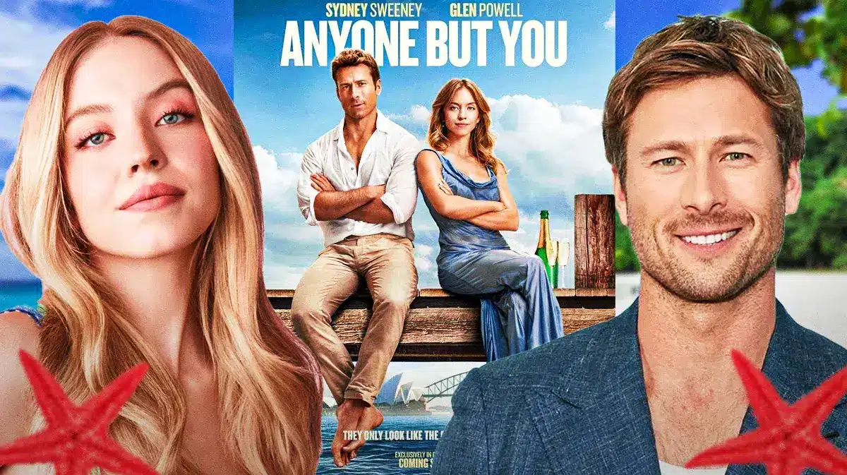 Anyone But You poster with Sydney Sweeney and Glen Powell.
