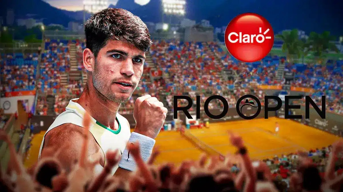 Carlos Alcaraz in middle of image looking hopeful, Rio Open logo, tennis court in background