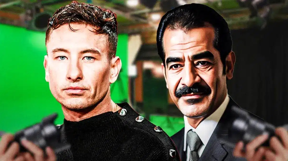 Saltburn star Barry Keoghan and Saddam Hussein with movie set background.