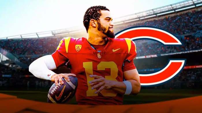 Caleb Williams next to the Bears logo