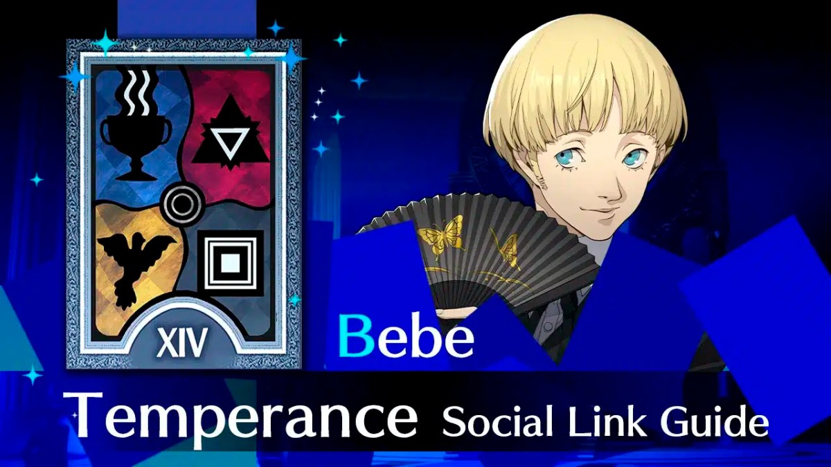 bebe reload, bebe, bebe social link, bebe persona 3 reload, bebe guide reload, a picture of bebe with their arcana to the left and the words temperance social link guide below