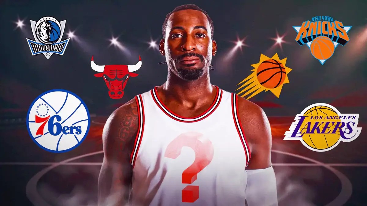 Andre Drummond with blank jersey and question mark in the middle. Logos of the 76er, Suns, Mavericks, Lakers, Knicks and Bulls in the background