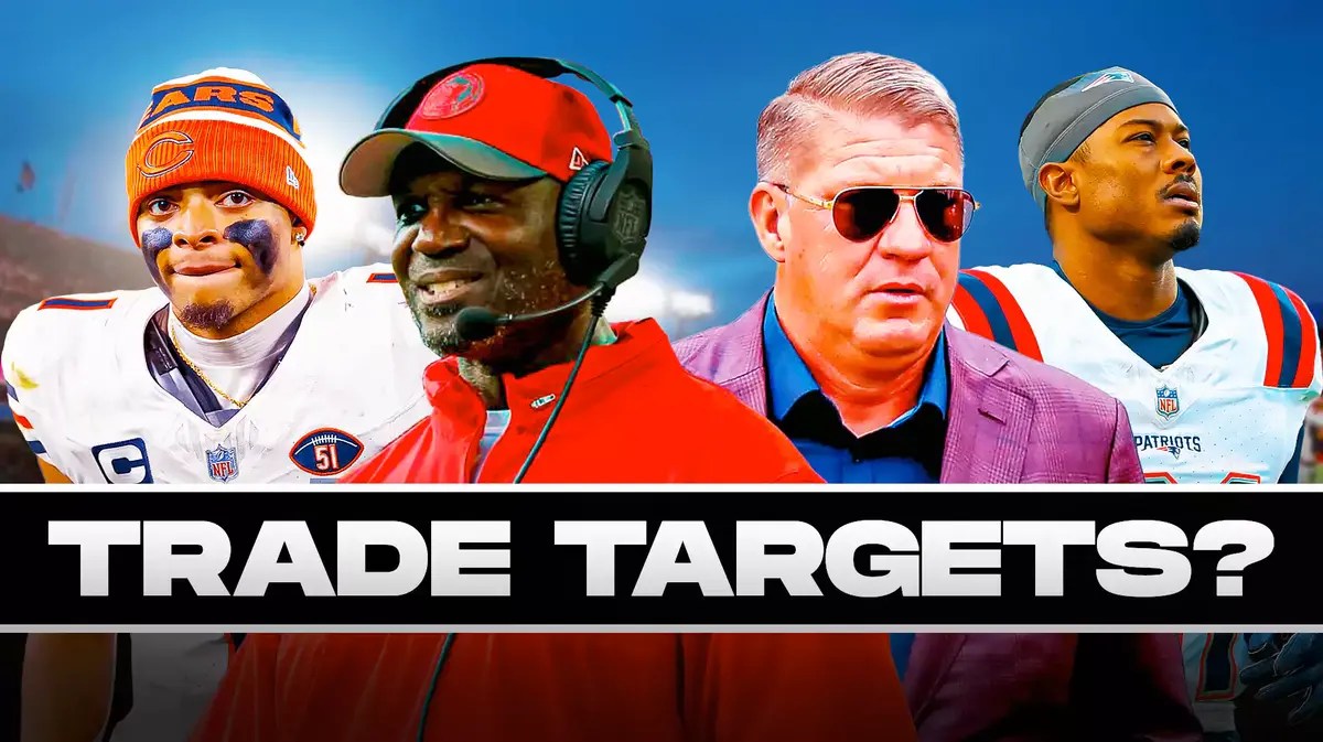 Todd Bowles, Jason Licht, Justin Fields, Jonathan Jones all beside each other, and Tampa Bay Buccaneers wallpaper in the background.