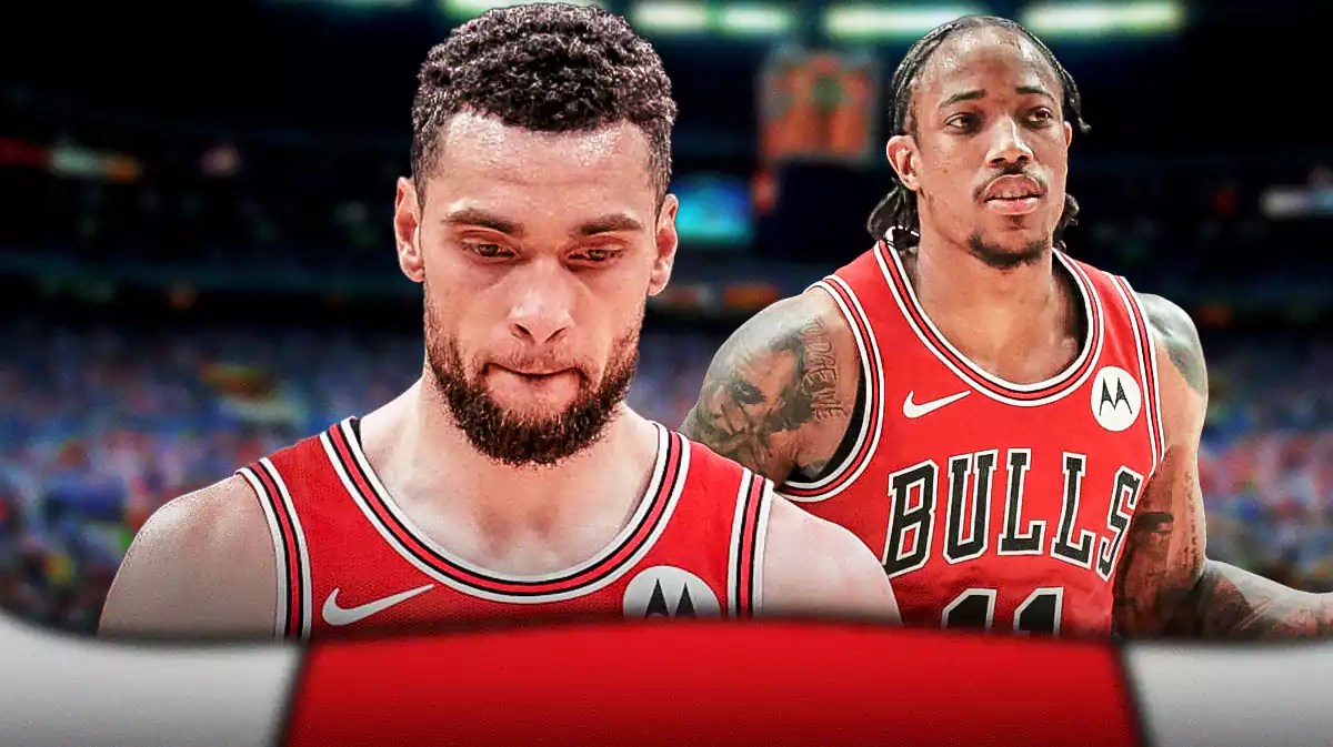 Bulls, DeMar DeRozan, Zach LaVine, NBA trade deadline, Zach LaVine injury, Zach LaVine and DeMar DeRozan in Bulls uni with Bulls arena in the background
