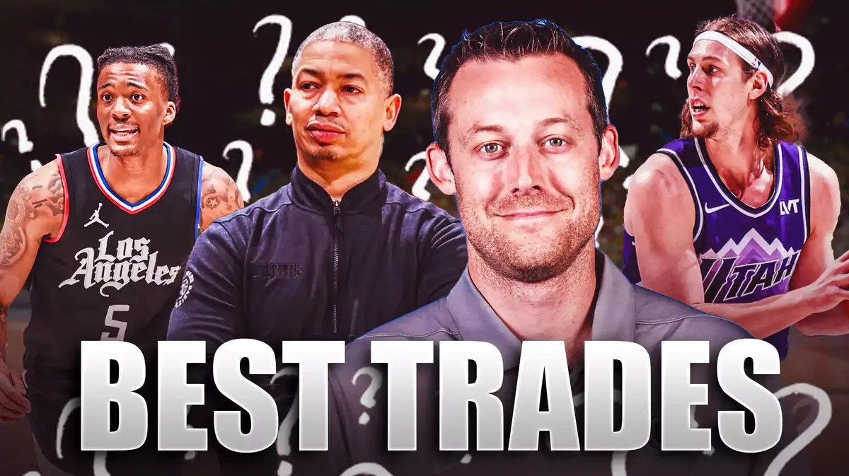 Tyronn Lue, Trent Redden, Bones Hyland, Kelly Olynyk all beside each other, and question marks in the background.