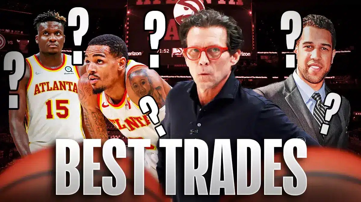 Quin Snyder, Landry Fields, Dejounte Murray, Clint Capela all beside each other, and question marks in the background.