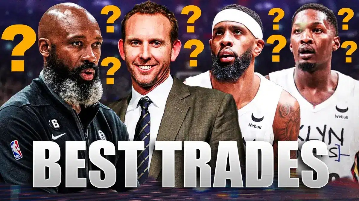 Jacque Vaughn, Sean Marks, Royce O'Neale, Dorian Finney-Smith all beside each other, and question marks in the background.
