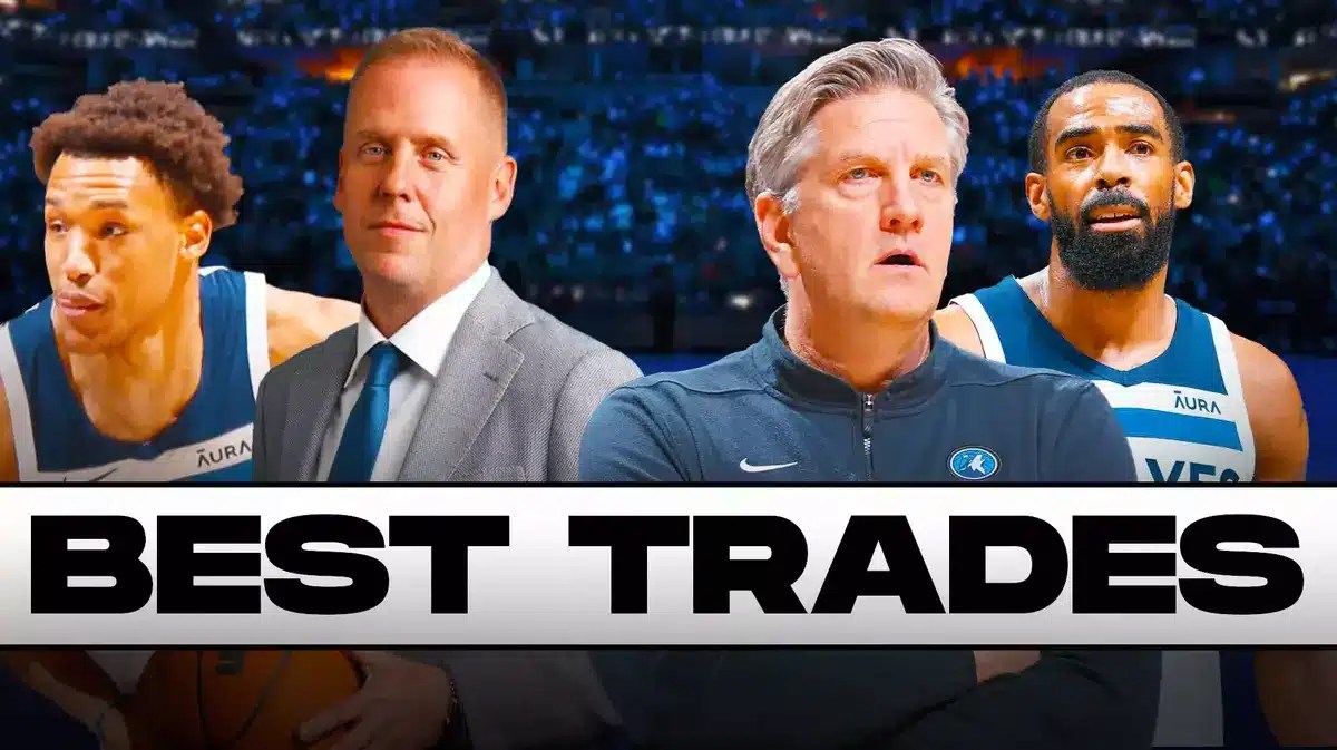 Chris Finch, Tim Connelly, Mike Conley, Wendell Moore Jr all beside each other, and question marks in the background.