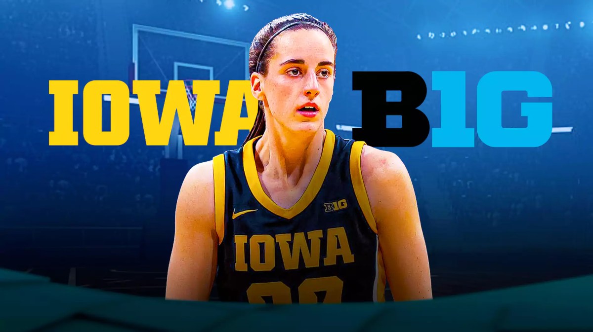 Caitlin Clark with the Iowa Hawkeyes logo and the Big 10 logo in the background