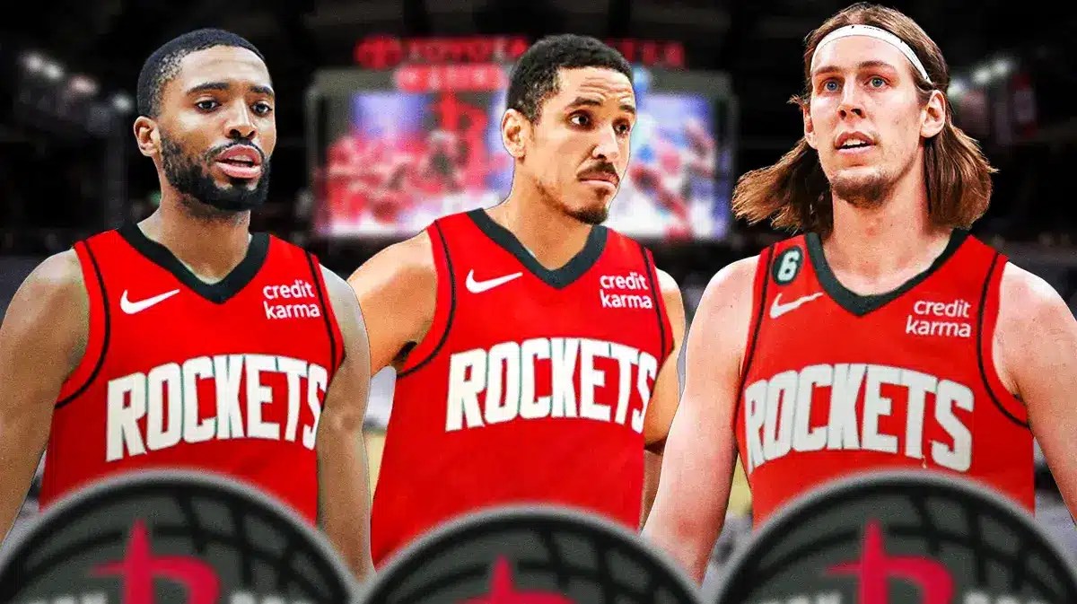 Mikal Bridges, Malcolm Brogdon, and Kelly Olynyk each wearing rockets uniforms. Rockets background