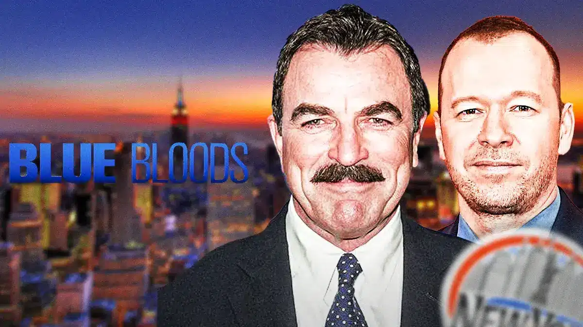 Blue Bloods logo with Tom Selleck and Donnie Wahlberg from show and New York City skyline background.